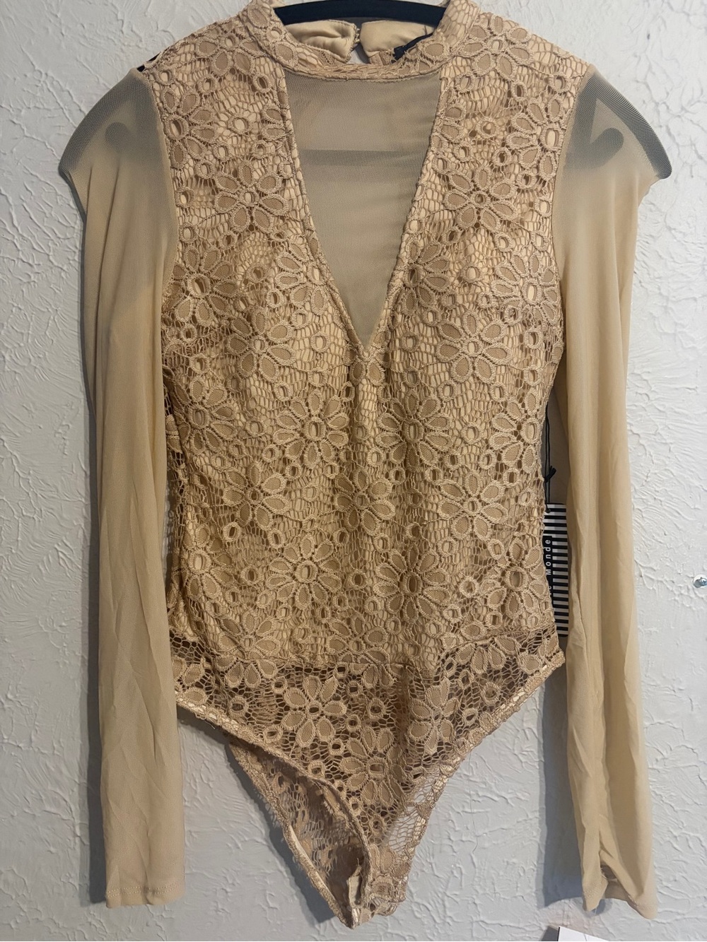 Haute Monde Mesh & Lace V-Neck Long Sleeve Bodysuit in Beige Size Small